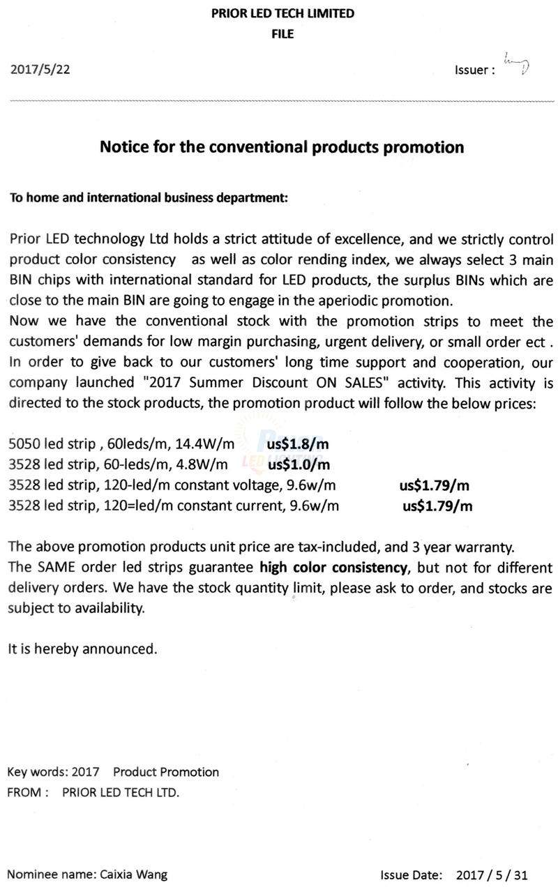 LED Strips Stock Promotion Notice